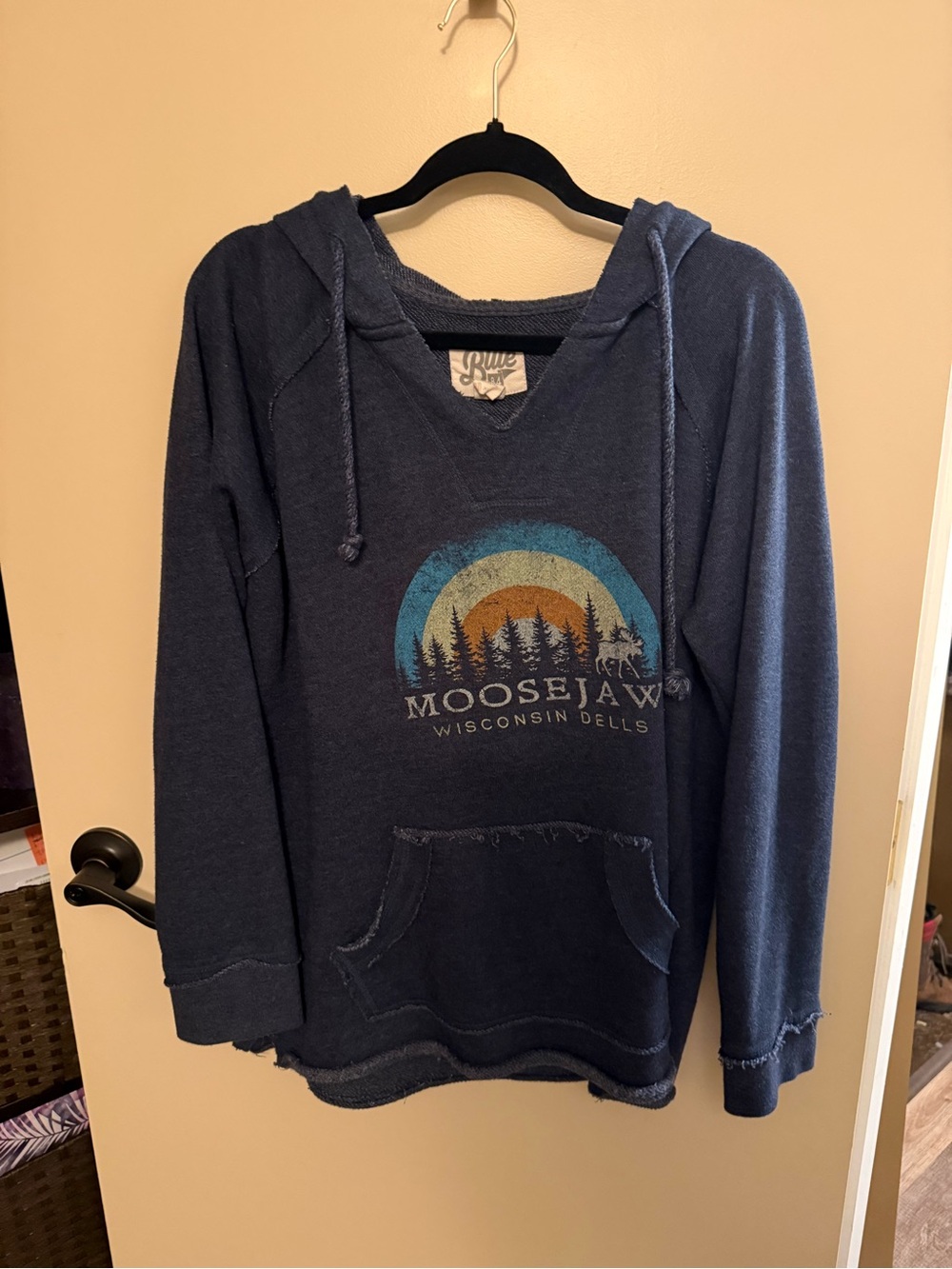 Moosejaw Navy Hoodie with Retro Sunrise & Tree Graphic